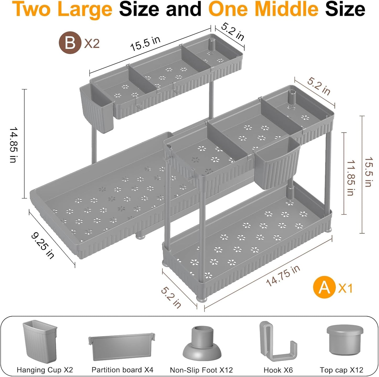 3 Pack Multi-Purpose Pull-Out Storage Organizers, 2-Tier L-Shaped under Sink/Cabinet Organizers and Storage for Bathroom & Kitchen,Grey,14.85 Inch