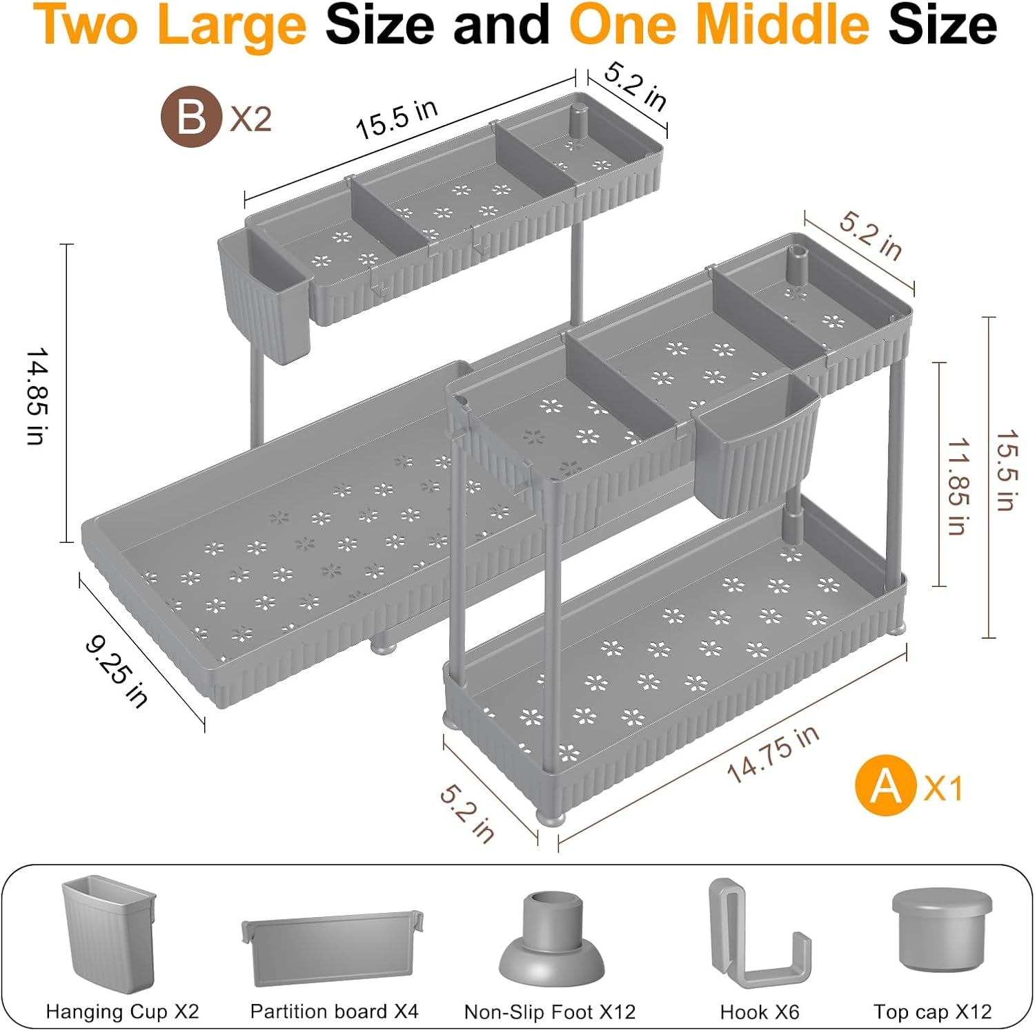 3 Pack Multi-Purpose Pull-Out Storage Organizers, 2-Tier L-Shaped under Sink/Cabinet Organizers and Storage for Bathroom & Kitchen,Grey,14.85 Inch