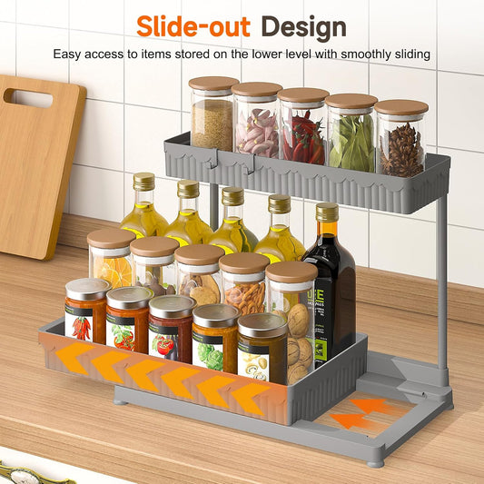 3 Pack Multi-Purpose Pull-Out Storage Organizers, 2-Tier L-Shaped under Sink/Cabinet Organizers and Storage for Bathroom & Kitchen,Grey,14.85 Inch