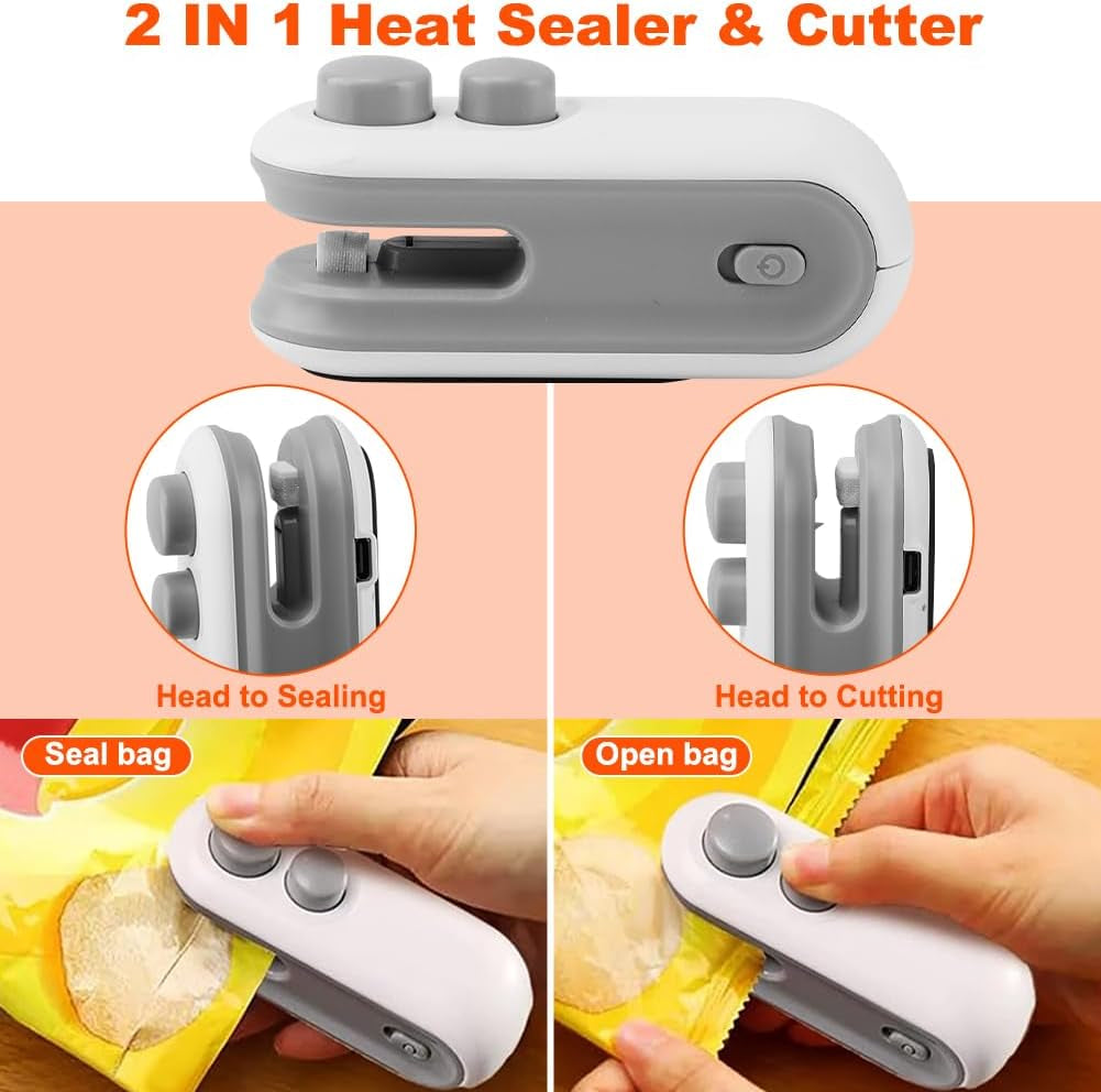 Mini Bag Sealer, 2 in 1 Chip Bag Sealer and Cutter, USB Rechargeable Vacuum Food Sealer Bag, Portable Handheld Snack Bag Sealing Machine Mini Resealer for Plastic Bags