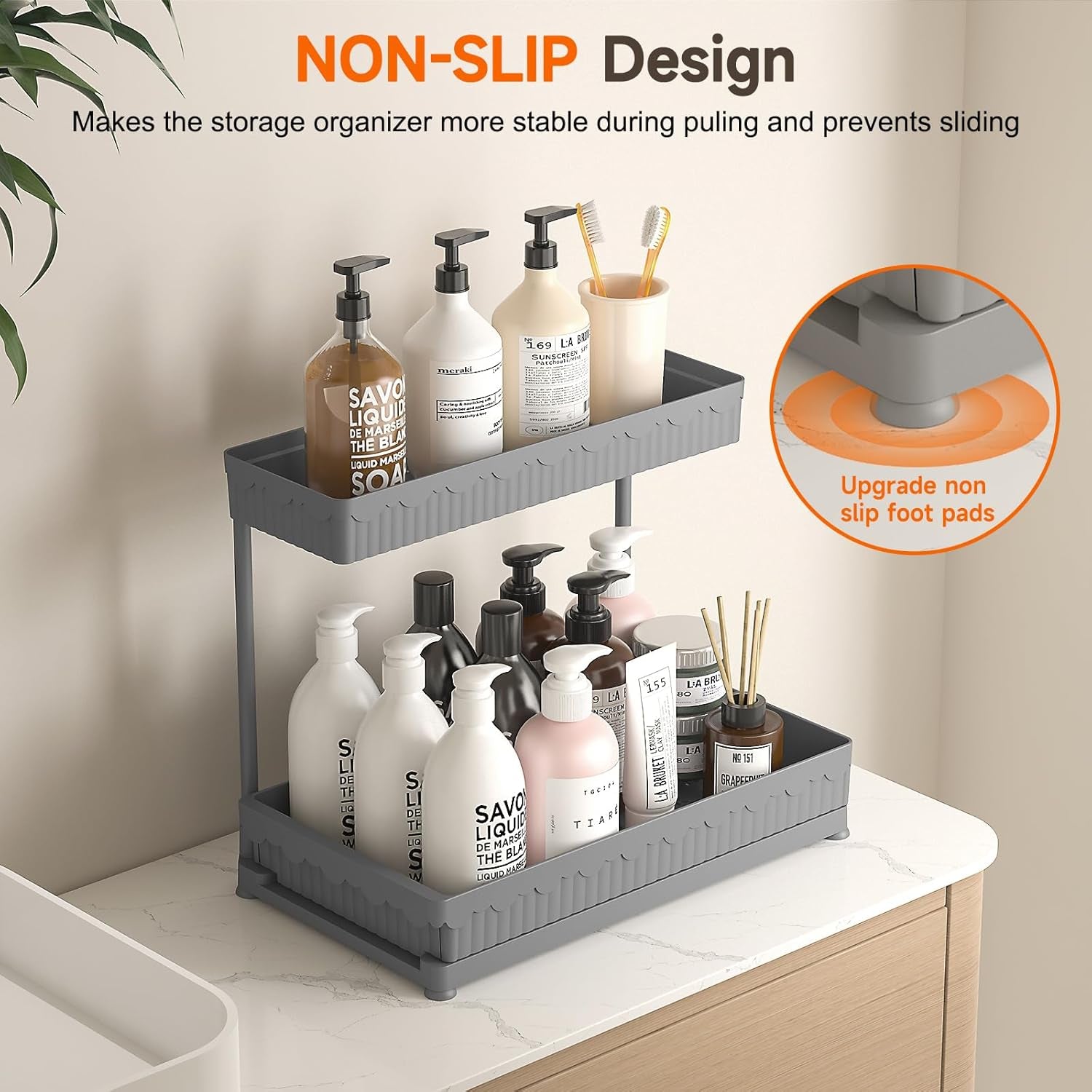 3 Pack Multi-Purpose Pull-Out Storage Organizers, 2-Tier L-Shaped under Sink/Cabinet Organizers and Storage for Bathroom & Kitchen,Grey,14.85 Inch