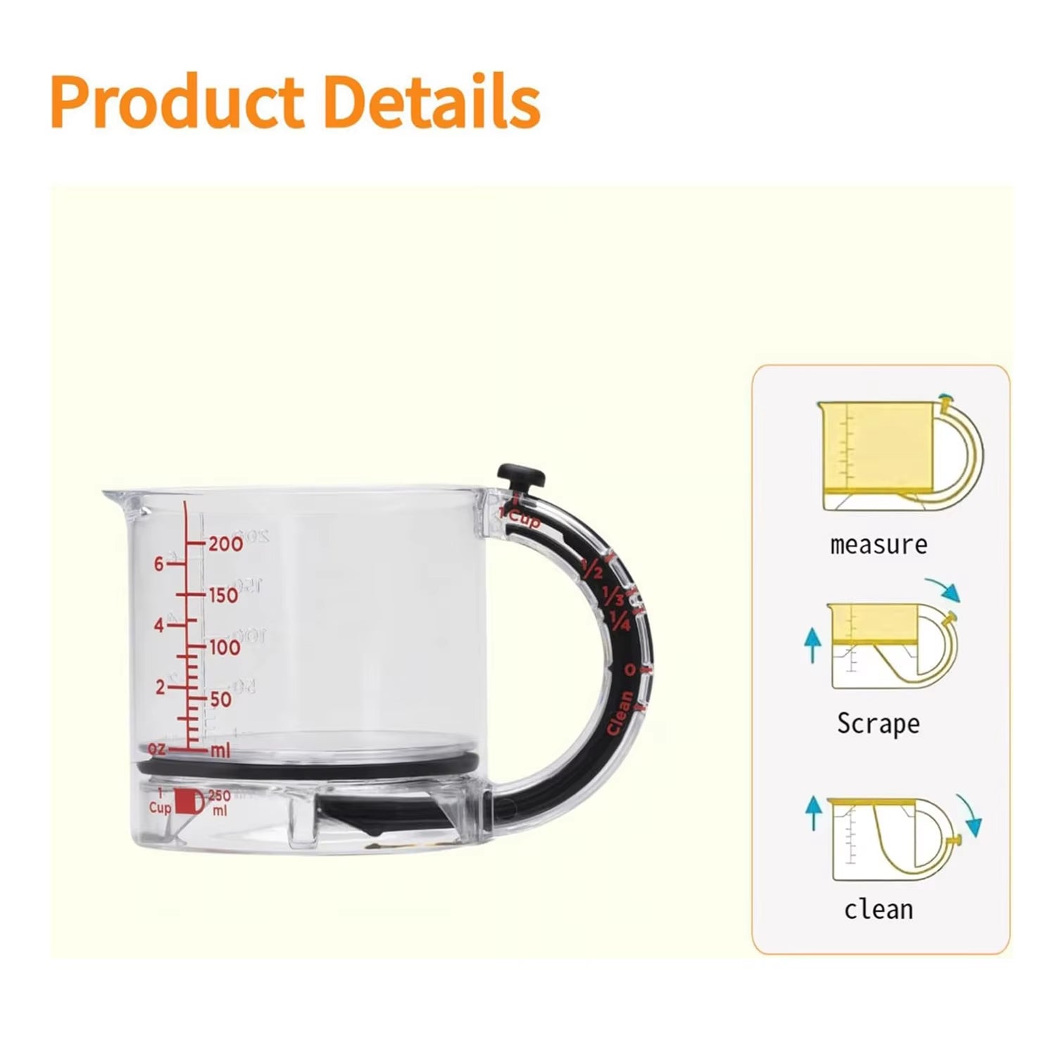 4-IN-1 Measuring Cup Adjustable Multifunctional Measuring Cup with Scraper-Style Seal Base Kitchen Cube Cups Tools for Cooking