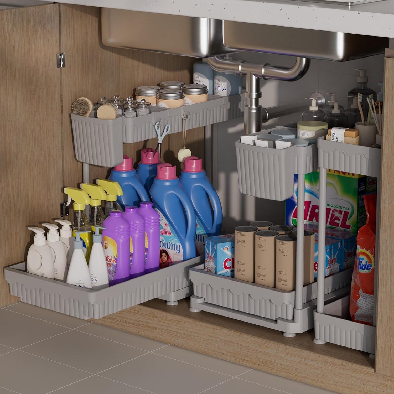3 Pack Multi-Purpose Pull-Out Storage Organizers, 2-Tier L-Shaped under Sink/Cabinet Organizers and Storage for Bathroom & Kitchen,Grey,14.85 Inch