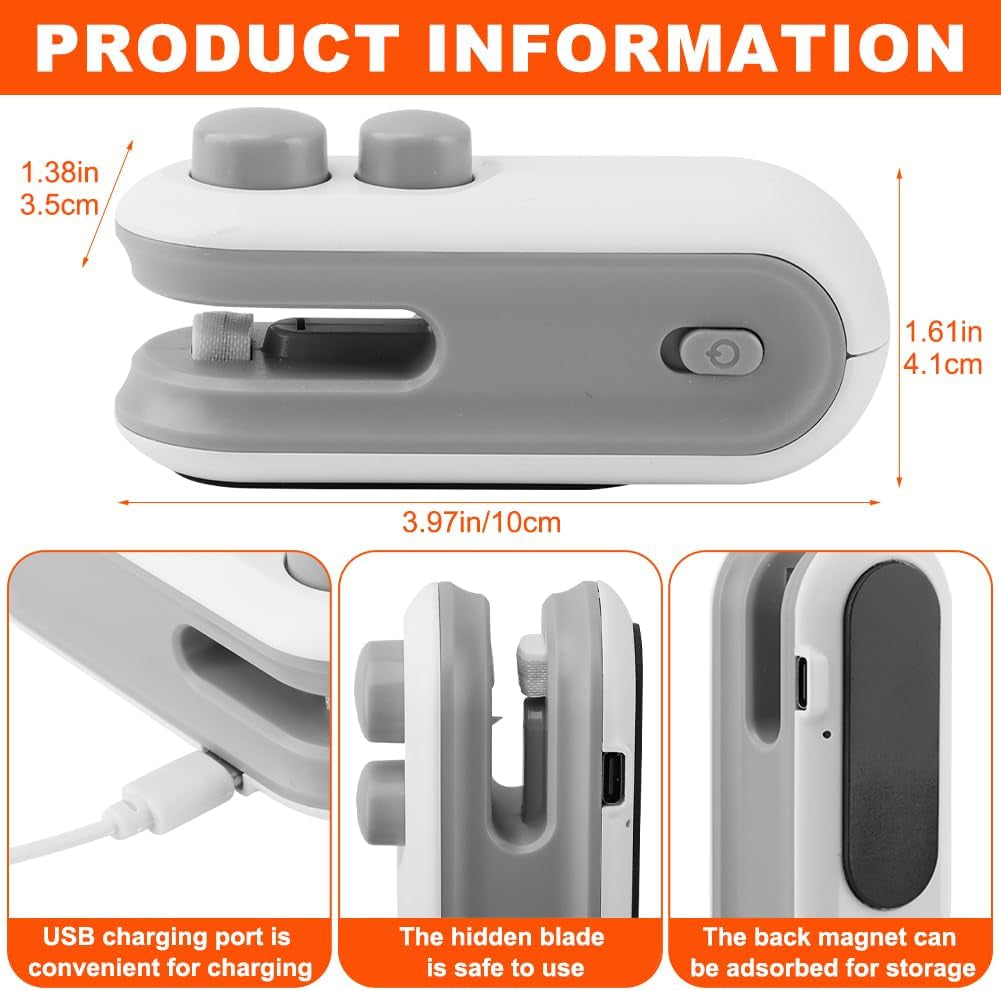 Mini Bag Sealer, 2 in 1 Chip Bag Sealer and Cutter, USB Rechargeable Vacuum Food Sealer Bag, Portable Handheld Snack Bag Sealing Machine Mini Resealer for Plastic Bags