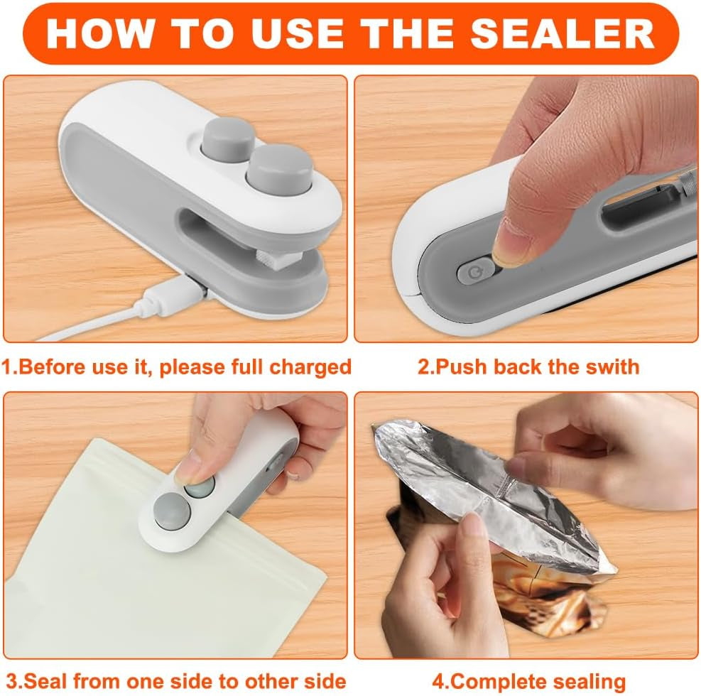 Mini Bag Sealer, 2 in 1 Chip Bag Sealer and Cutter, USB Rechargeable Vacuum Food Sealer Bag, Portable Handheld Snack Bag Sealing Machine Mini Resealer for Plastic Bags